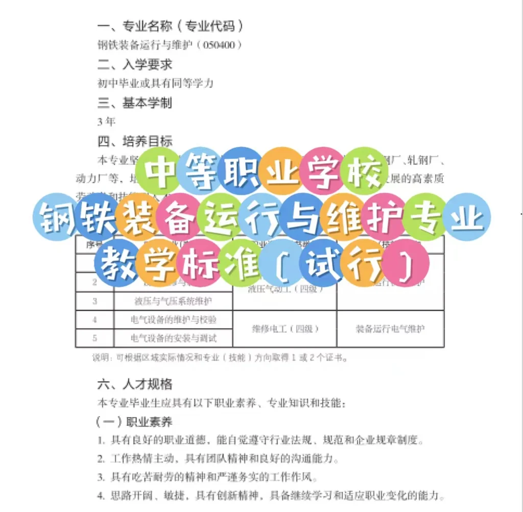 中职钢铁装备运行与维护专业教学标准(试行)