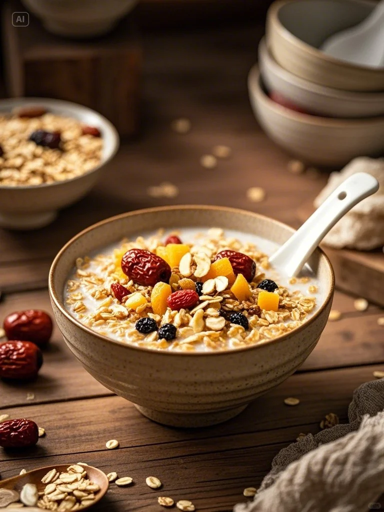 燕麦粥燕麦富含膳食纤维，有助于降低胆固醇