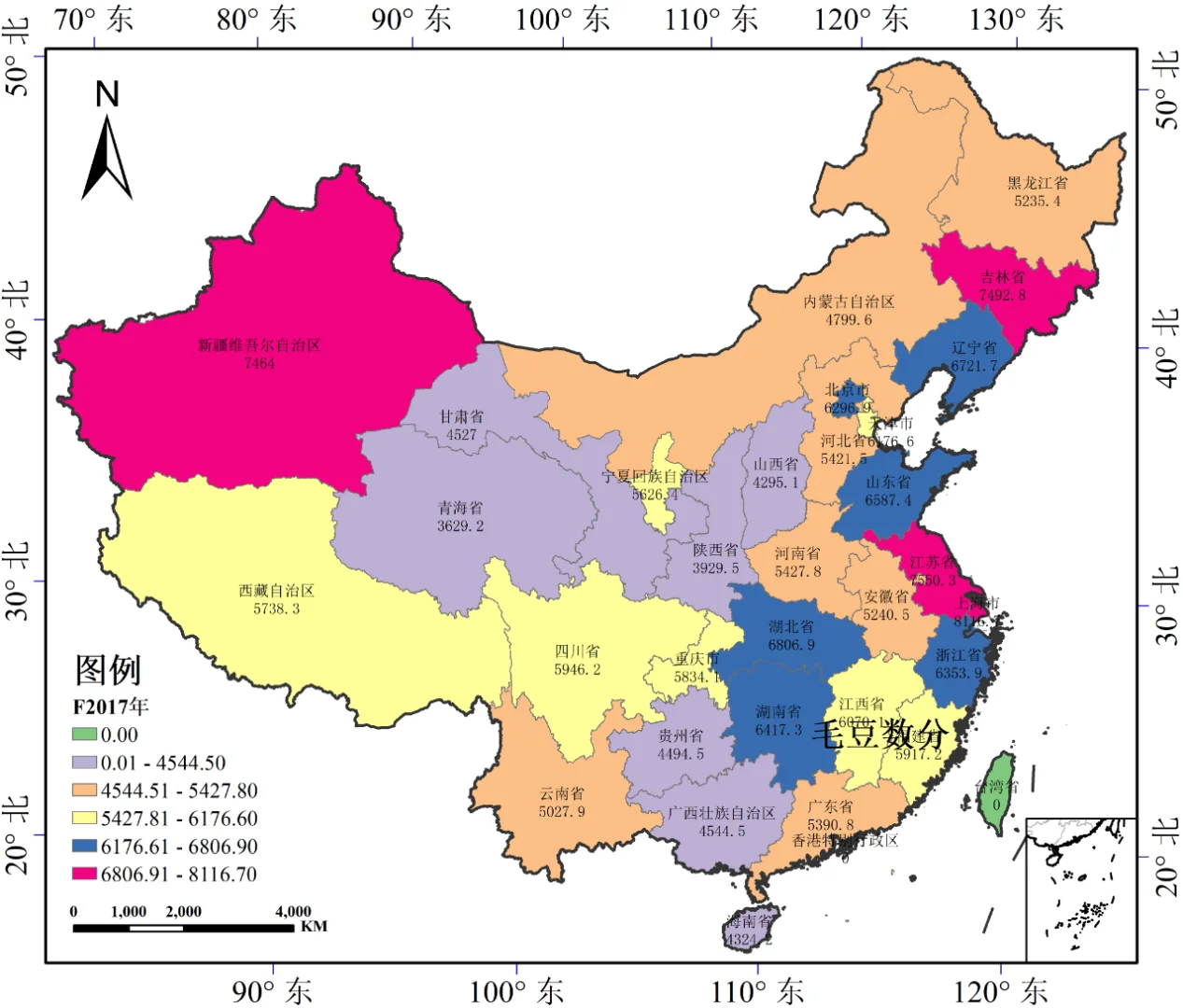 我国不同区域秋收粮食作物单位面积产量数据