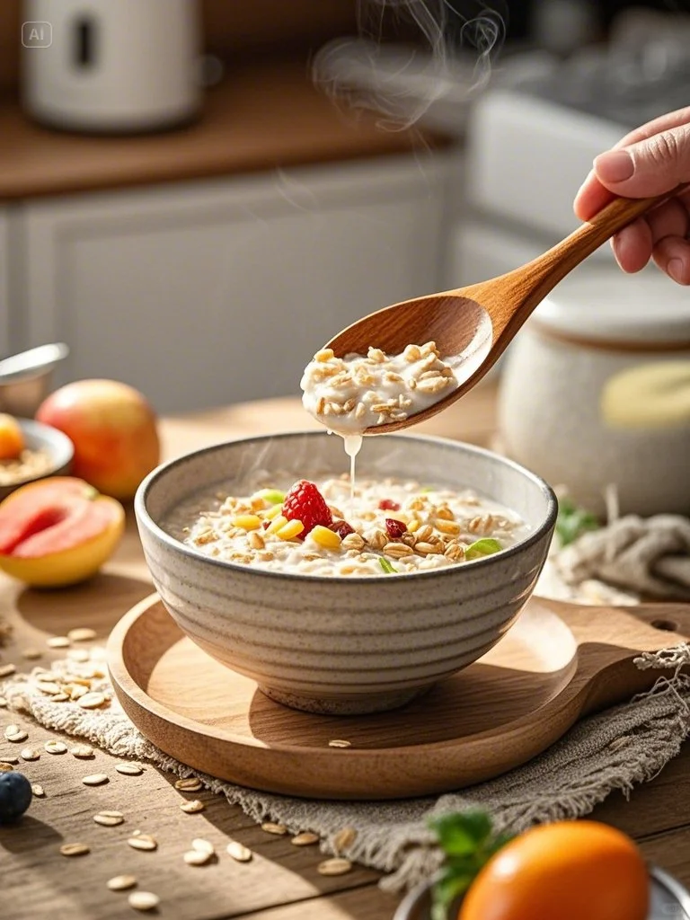 燕麦粥燕麦富含膳食纤维，有助于降低胆固醇