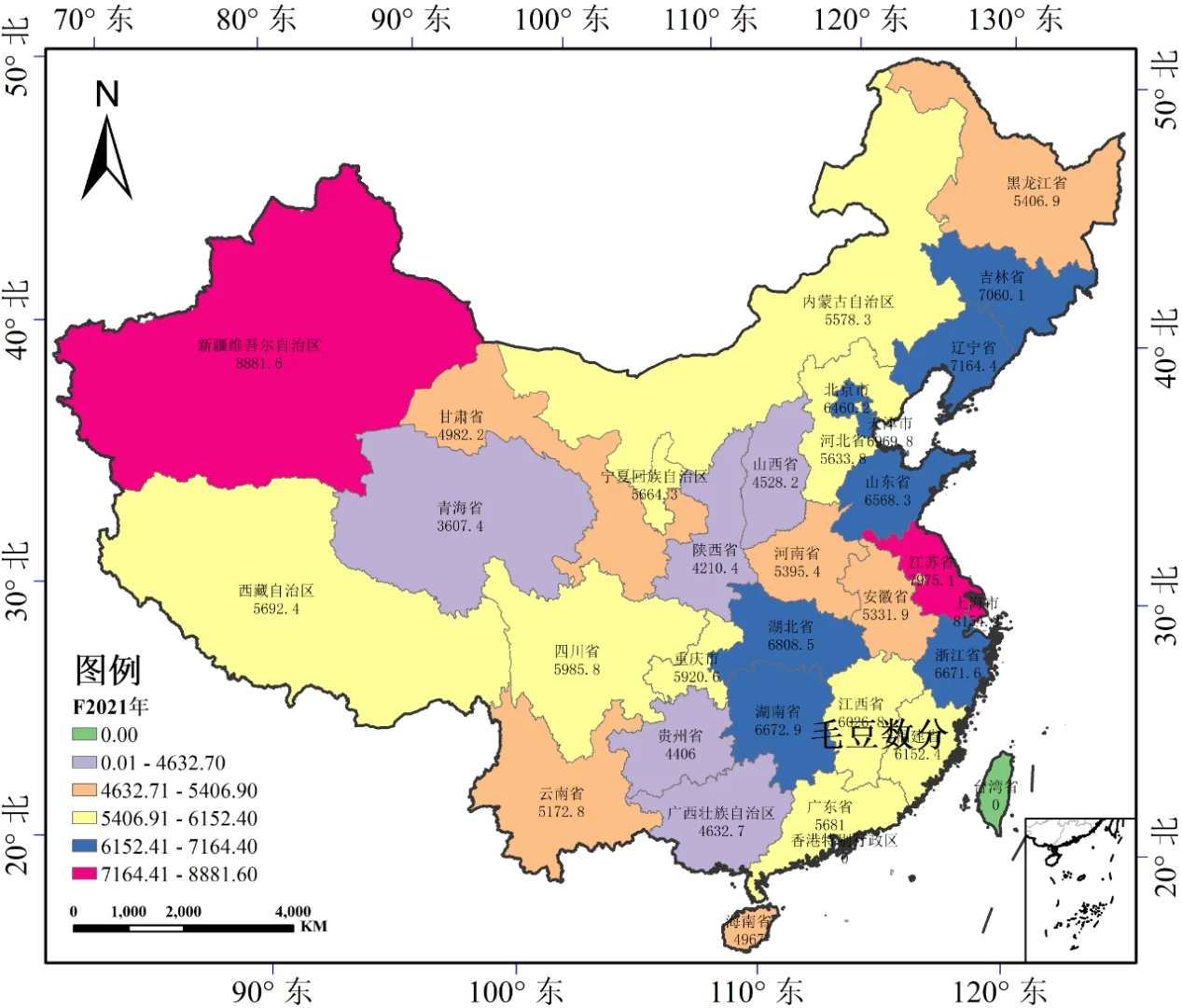 我国不同区域秋收粮食作物单位面积产量数据