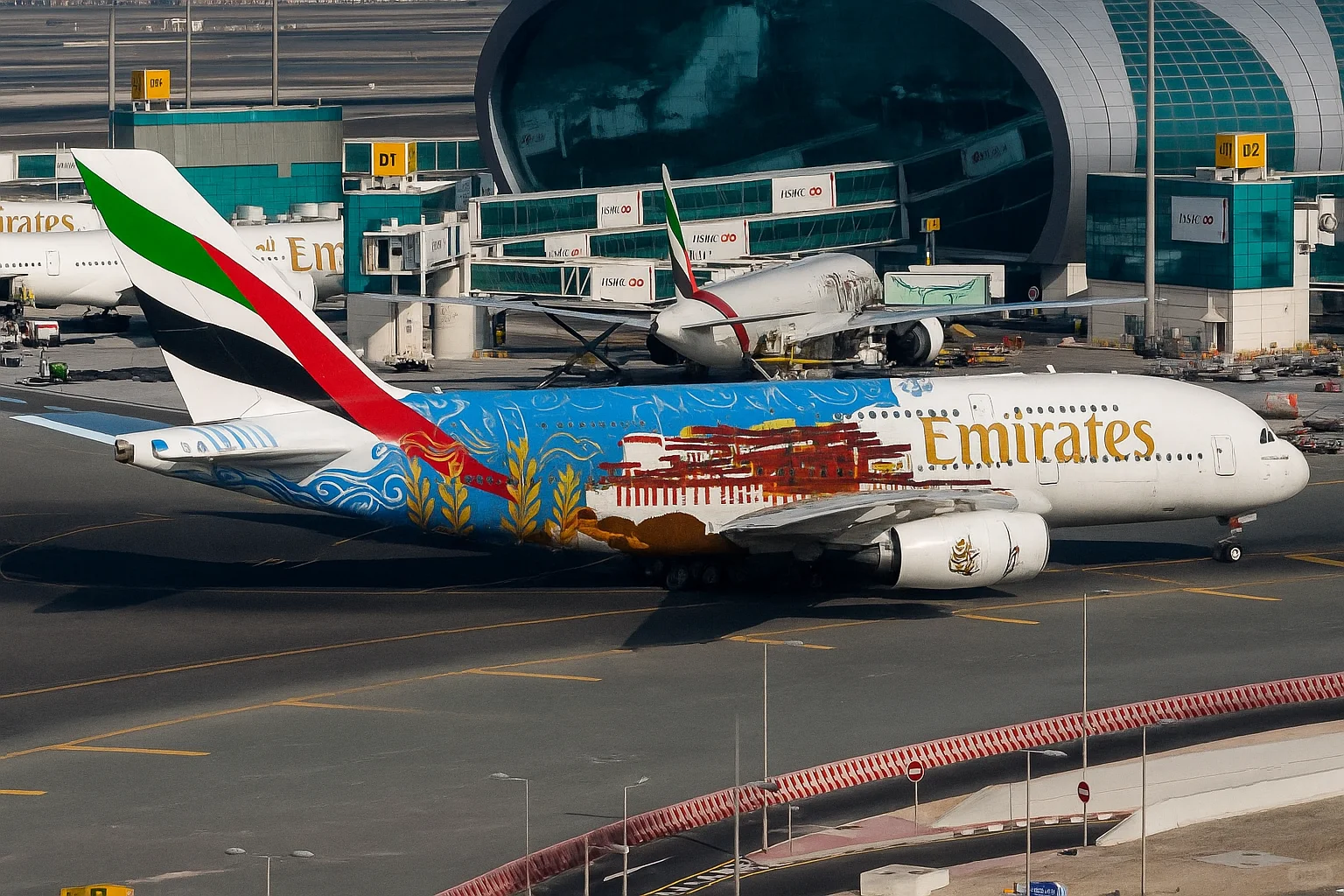 拉萨机场内场拍摄两架阿联酋航空A380