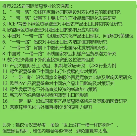 推荐2025届国际贸易专业论文选题：1. “一