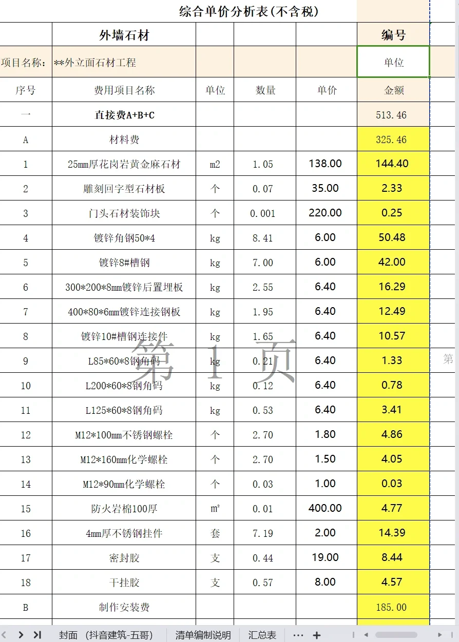 门窗、栏杆、雨棚、幕墙综合单价分析表