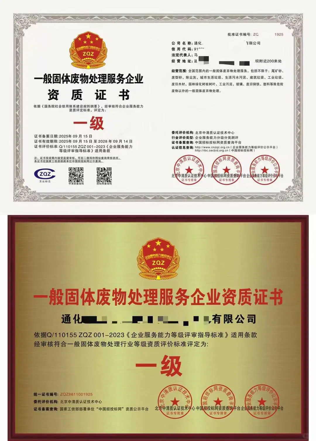 一般固体废物处理服务企业资质证书