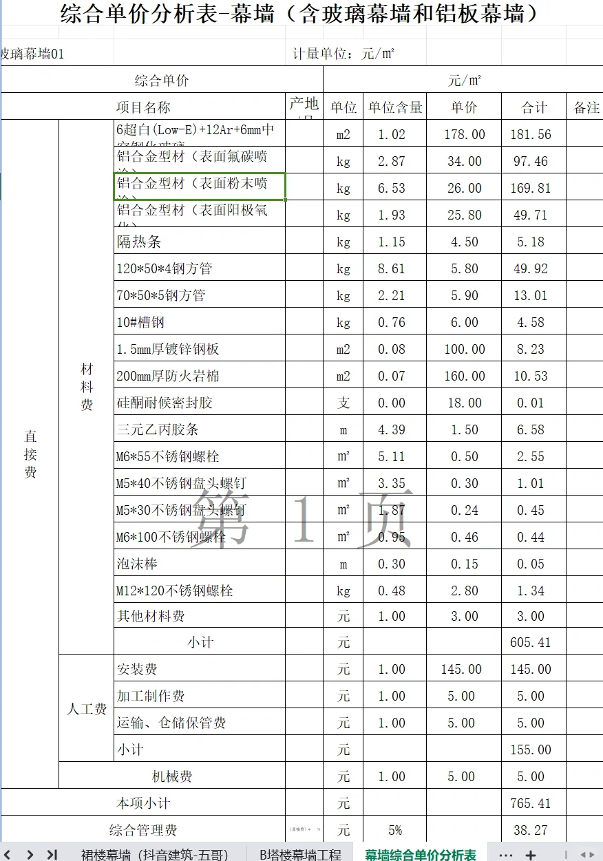门窗、栏杆、雨棚、幕墙综合单价分析表