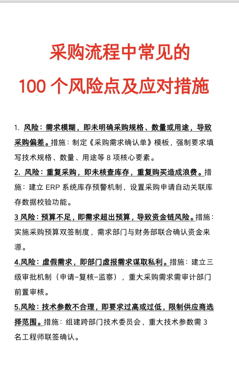 采购流程100个风险点及应对措施