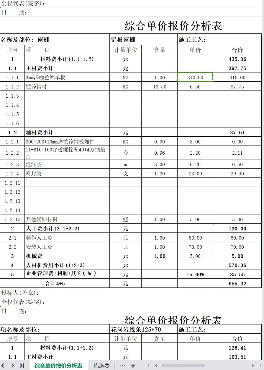 门窗、栏杆、雨棚、幕墙综合单价分析表
