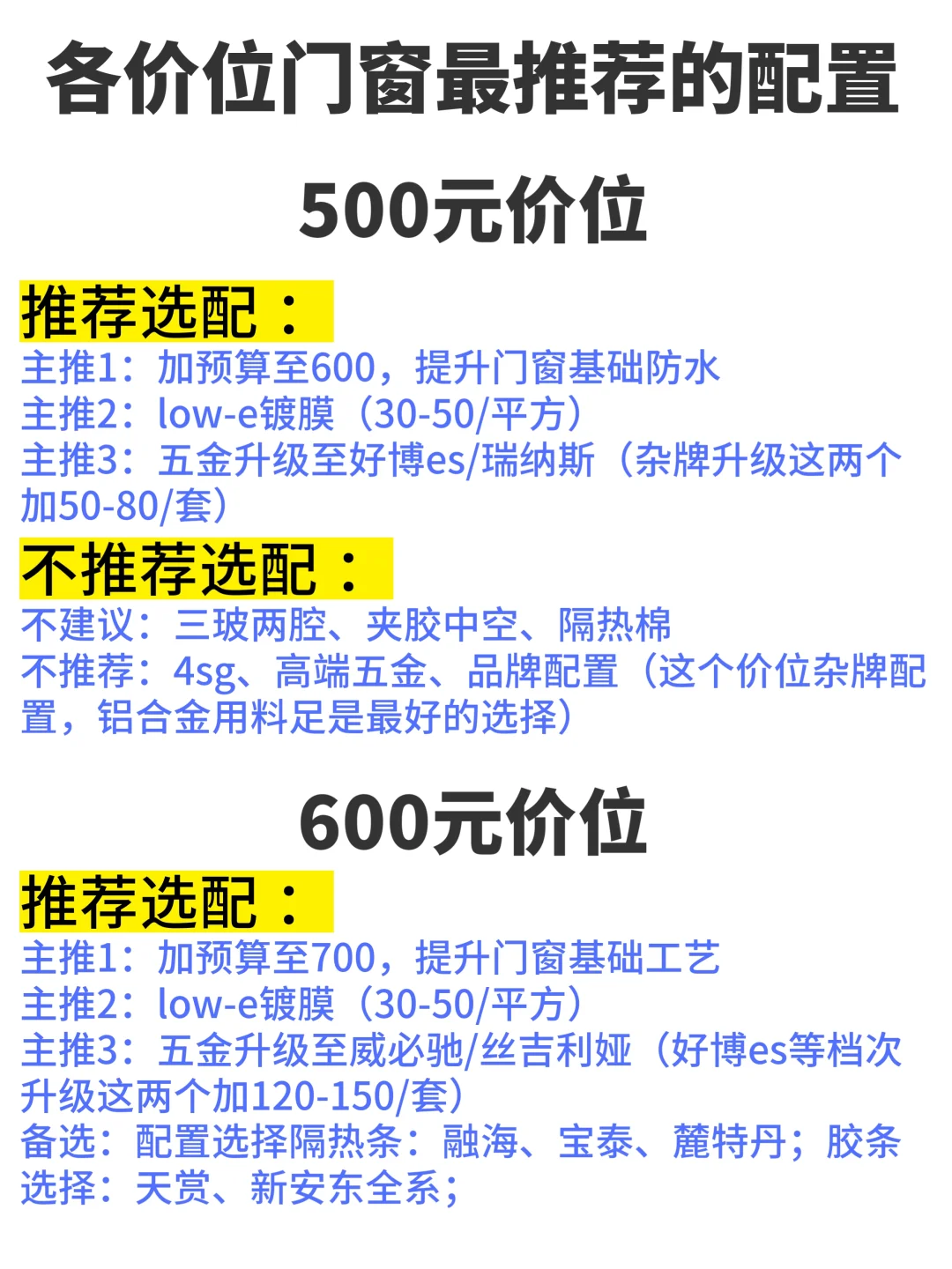 各价位门窗最推荐的配置