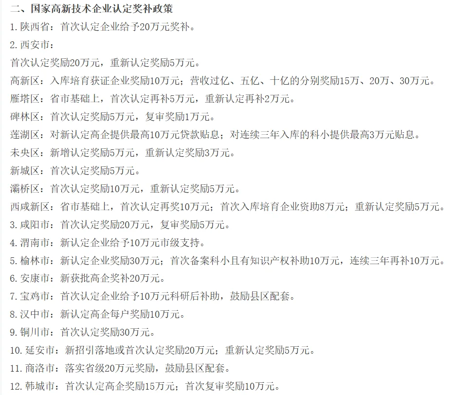 2025年陕西省省、市级企业政策补贴大全