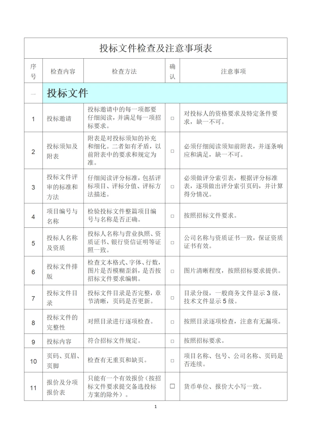 超详细的投标检查注意事项表！让你远离废标