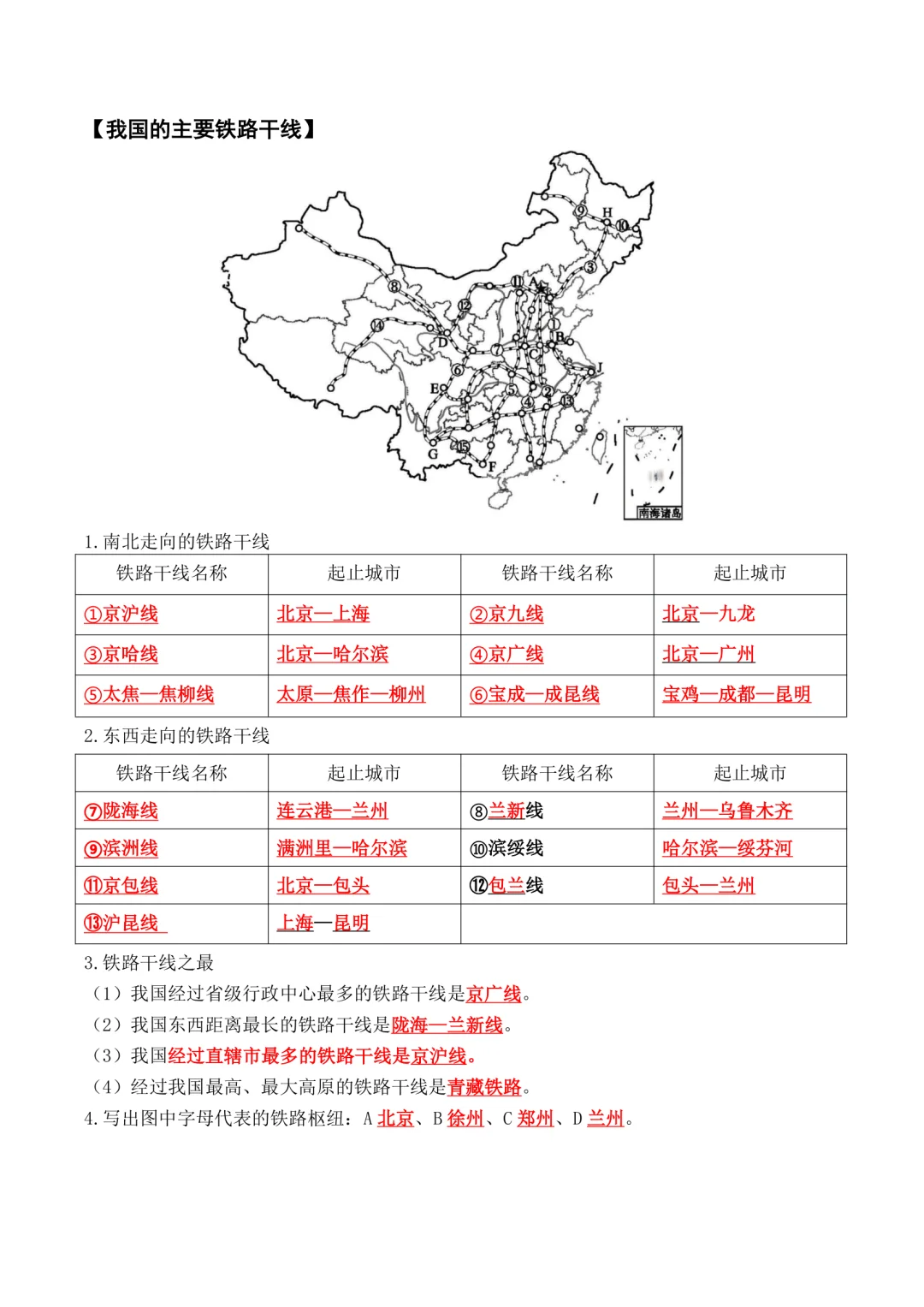 初中地理填图默写:中国的交通运输业