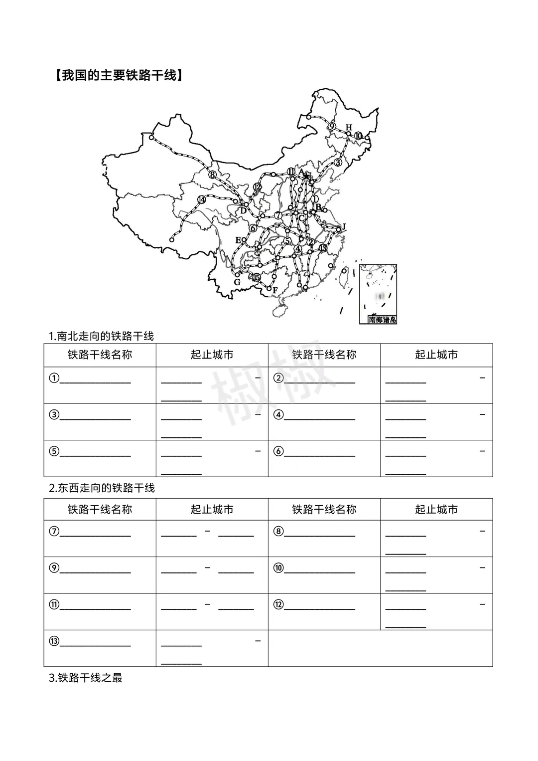 初中地理填图默写:中国的交通运输业