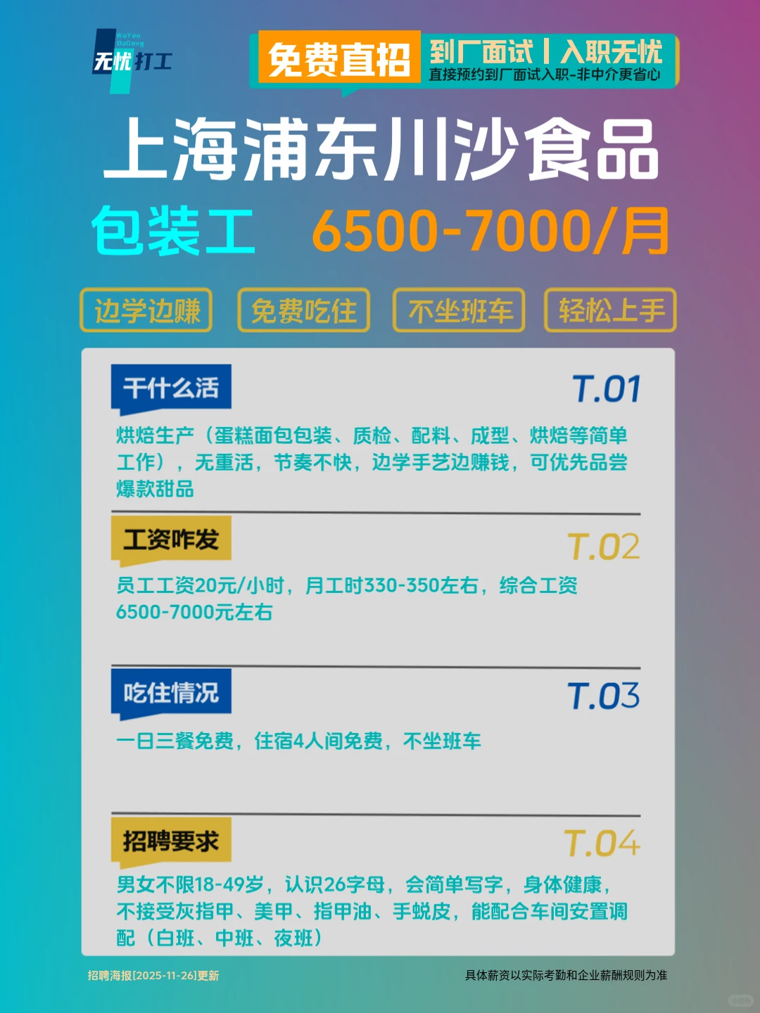 上海川沙食品厂招包装工月薪 6.5K-7K无重活