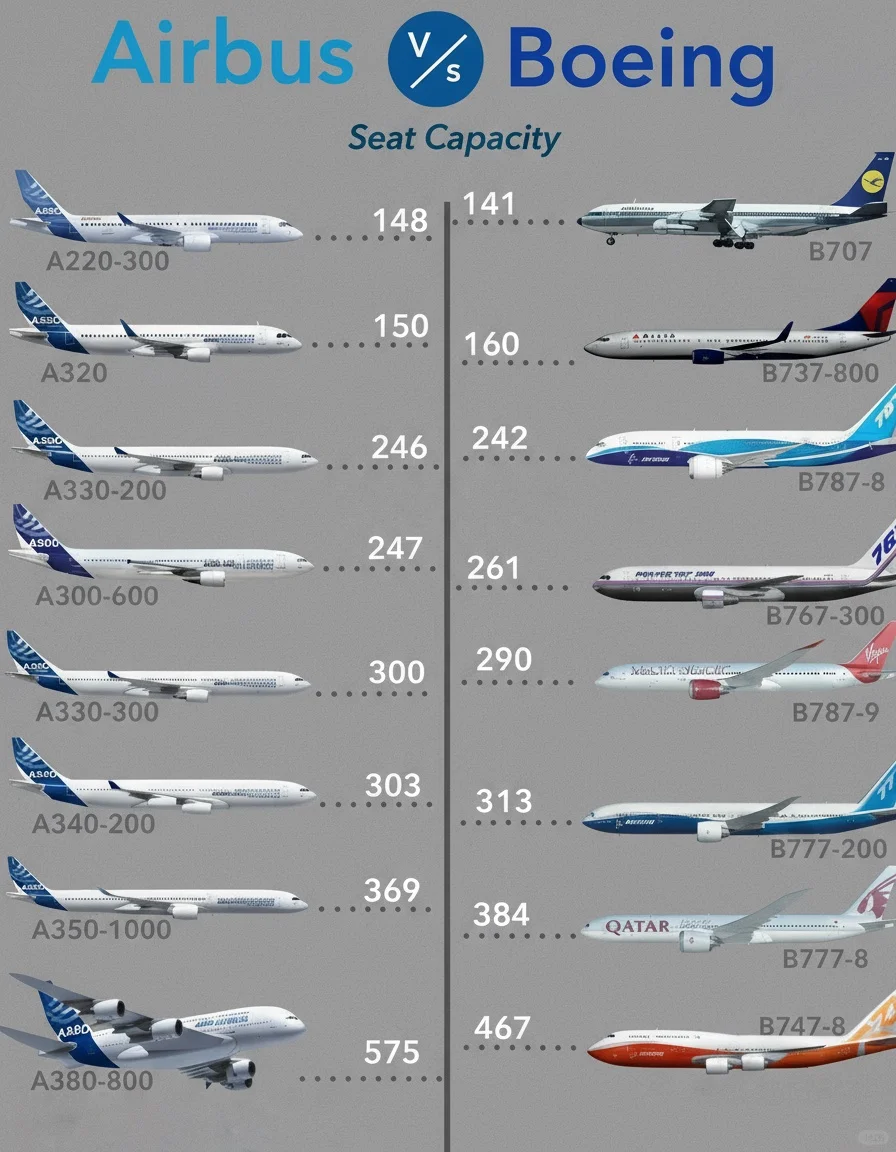空客和波音的飞机大小差别!