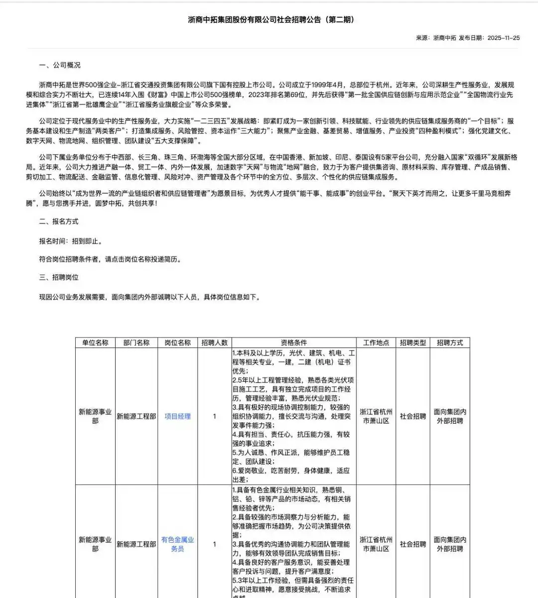 国企 世界500强旗下|浙商中拓招人