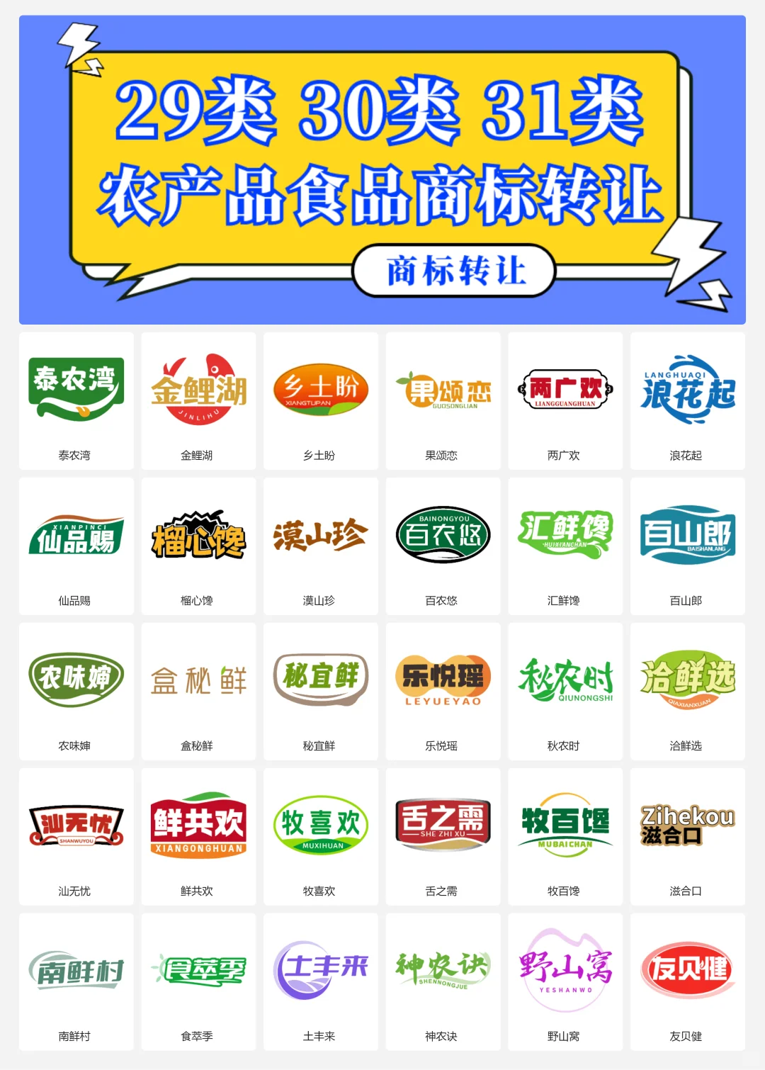 农产品 特产 食品29、30、31类商标转让