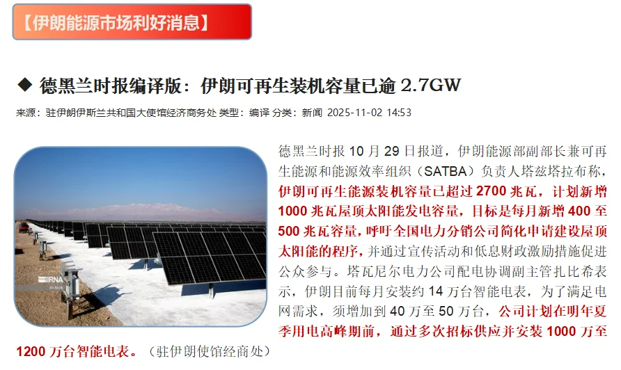 德黑兰时报：伊朗可再生装机容量已逾2.7GW
