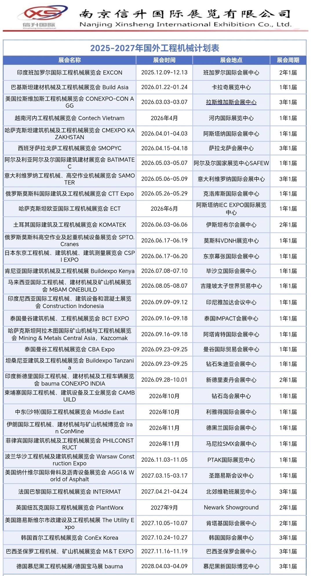 2026-2027年工程机械展会计划表