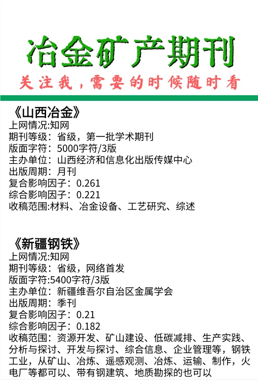 冶金矿产类期刊，特钢技术，冶金与材料！