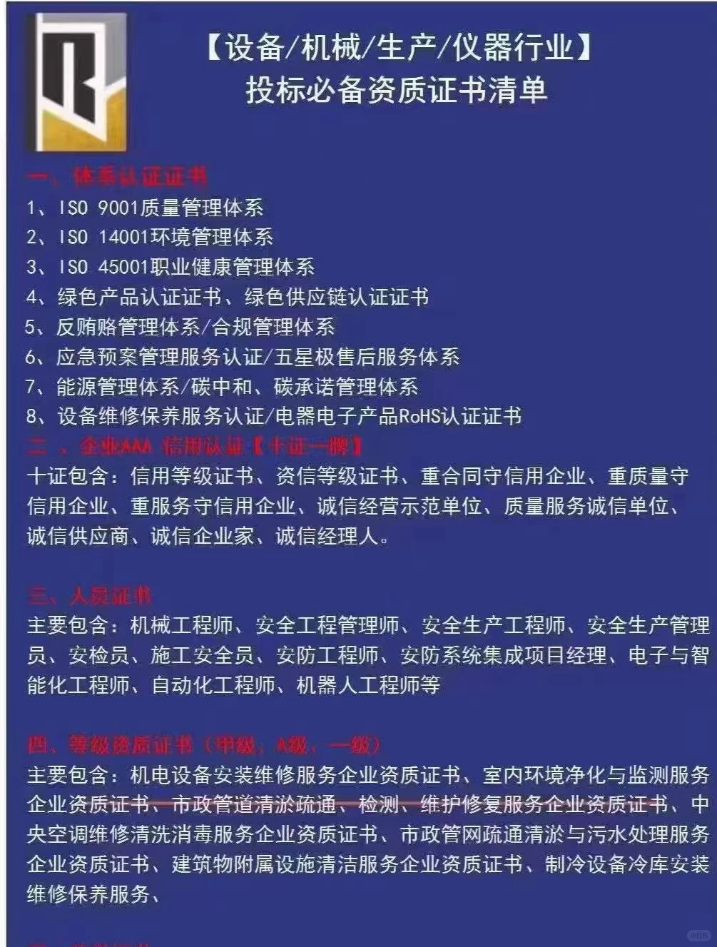 投标必备资质证书清单