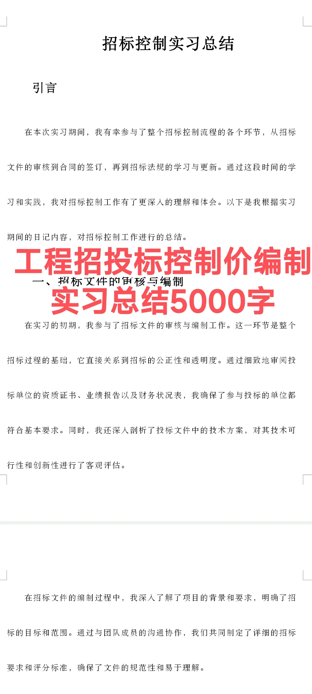 工程招投标控制价编制实习总结5000字