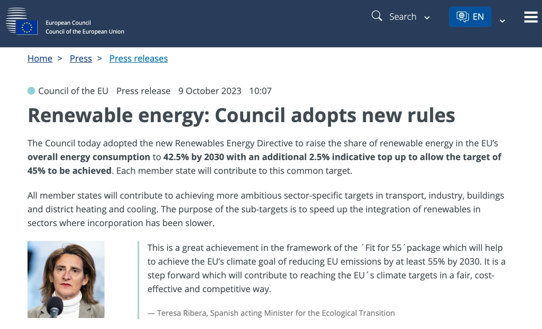 欧盟理事会通过新的可再生能源指令