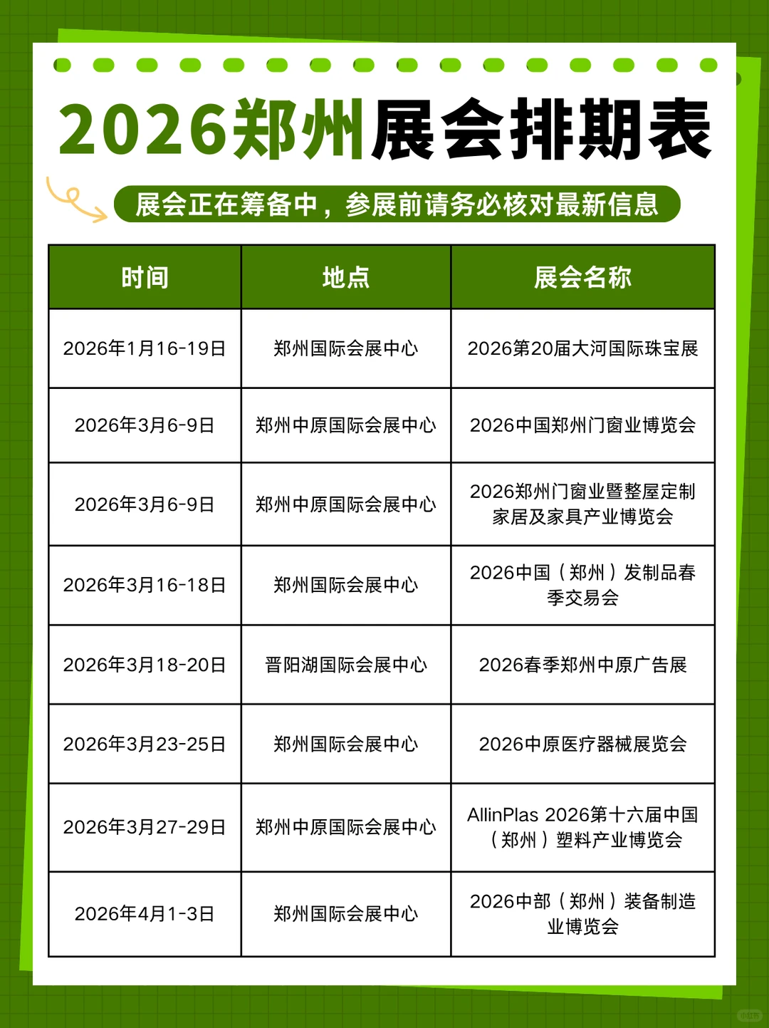 2026郑州展会排期表+地址！抢先看❗️