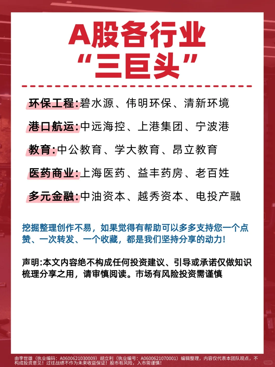 A股各行业排前3的公司，赶紧收藏！