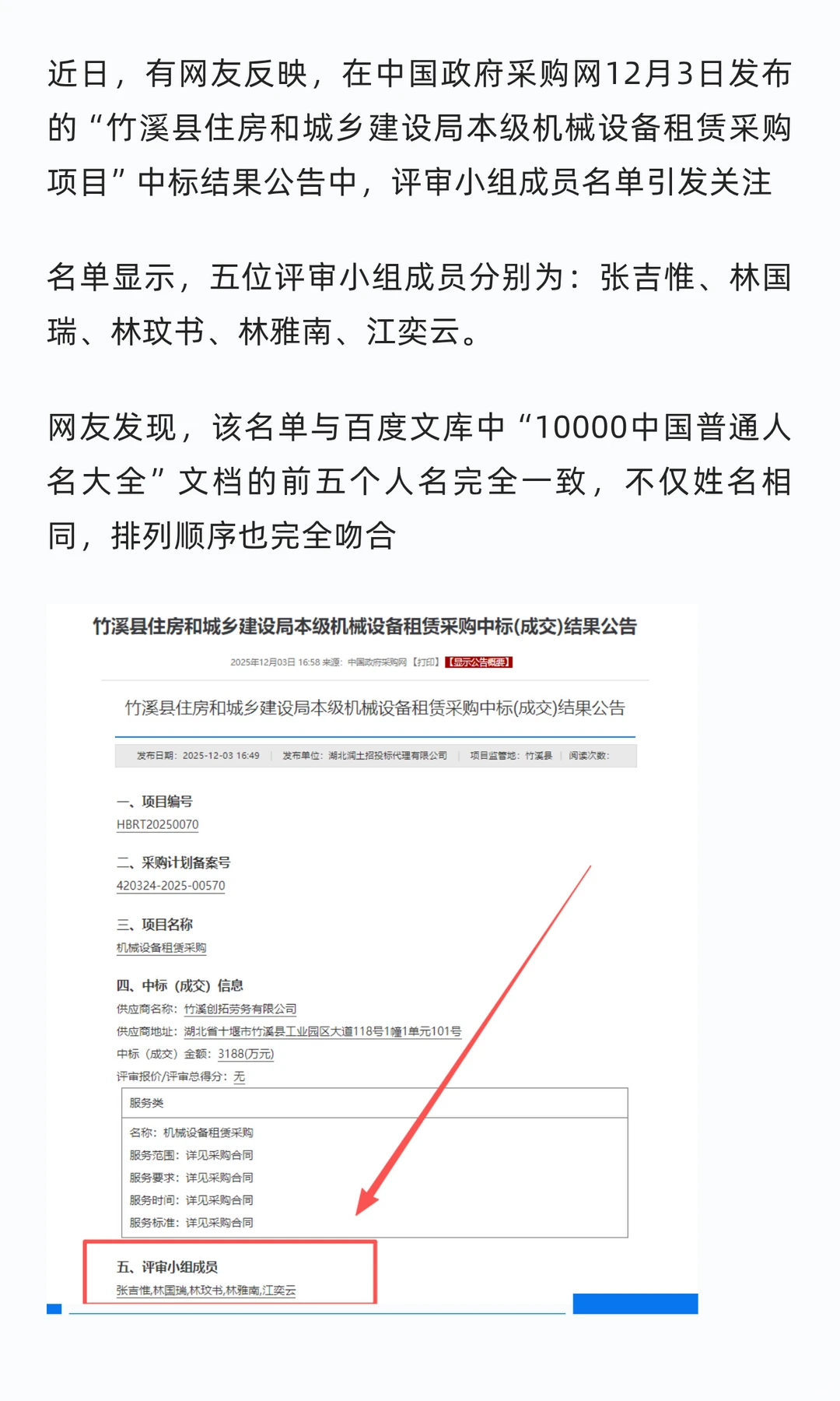 3188万元项目评审名单疑照搬网上人名大全！