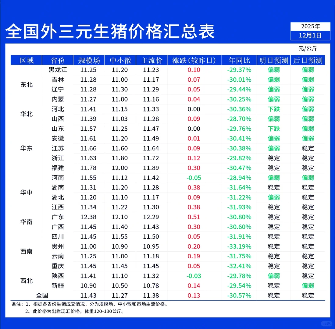 开门红！12月1日全国早间猪价延续上涨！