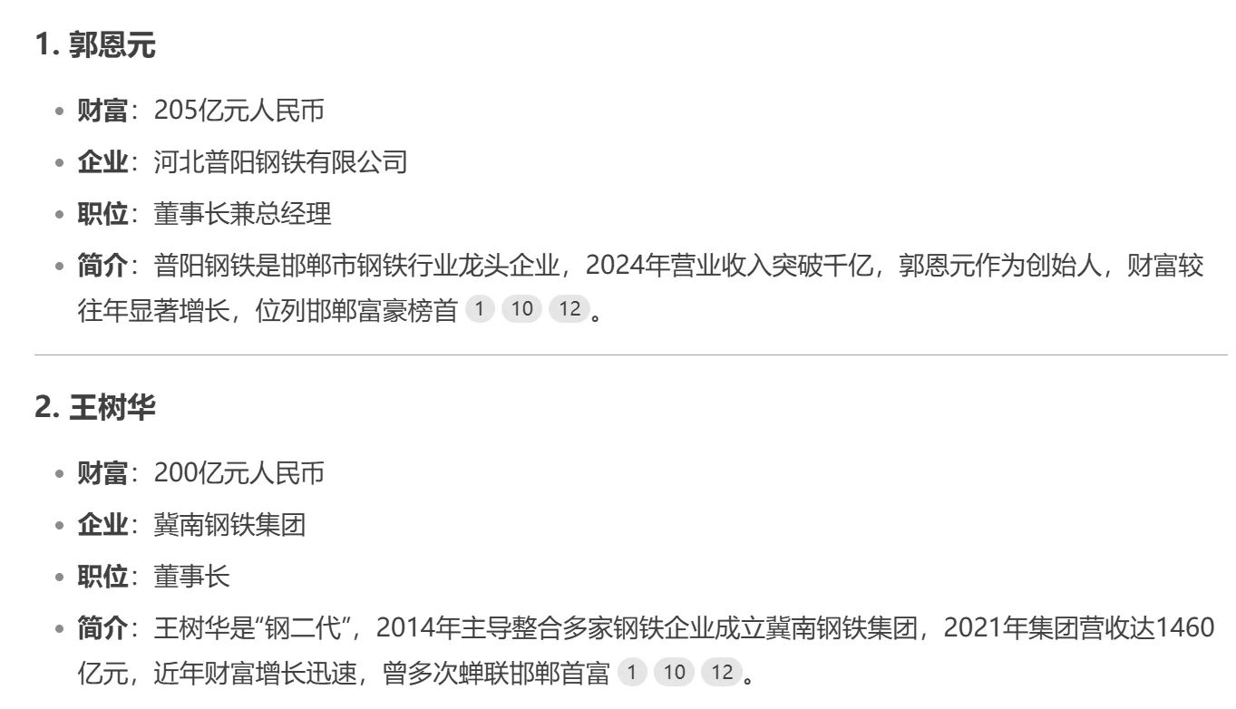 DEEP SEEK：河北省邯郸市十大富豪