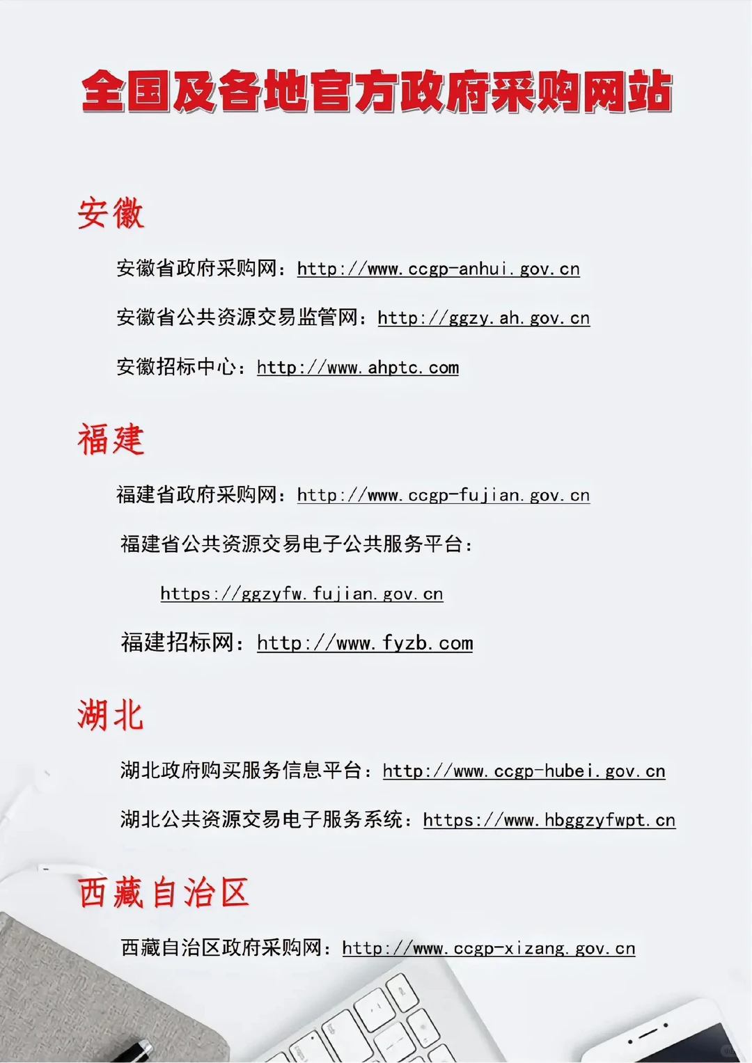 投标人快收藏，全国及各地官方政府采购网站