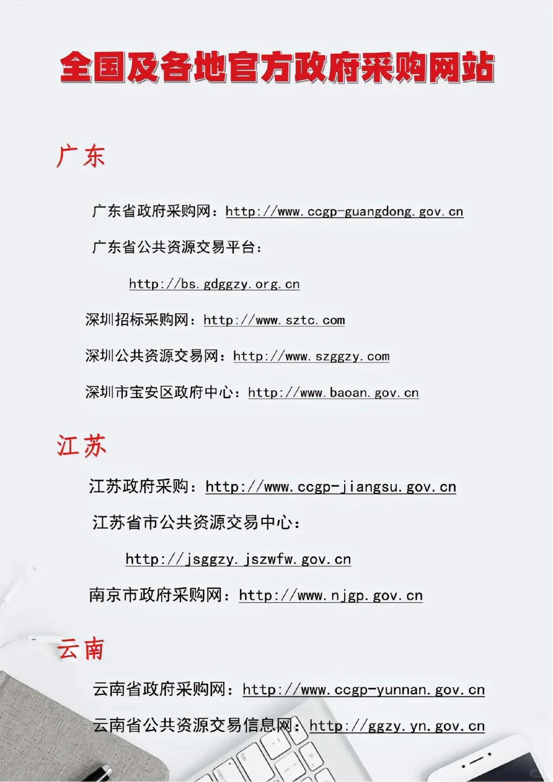 投标人快收藏，全国及各地官方政府采购网站