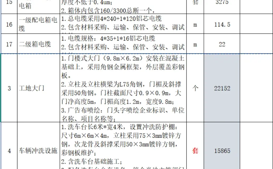 中铁四局临建工程投标清单