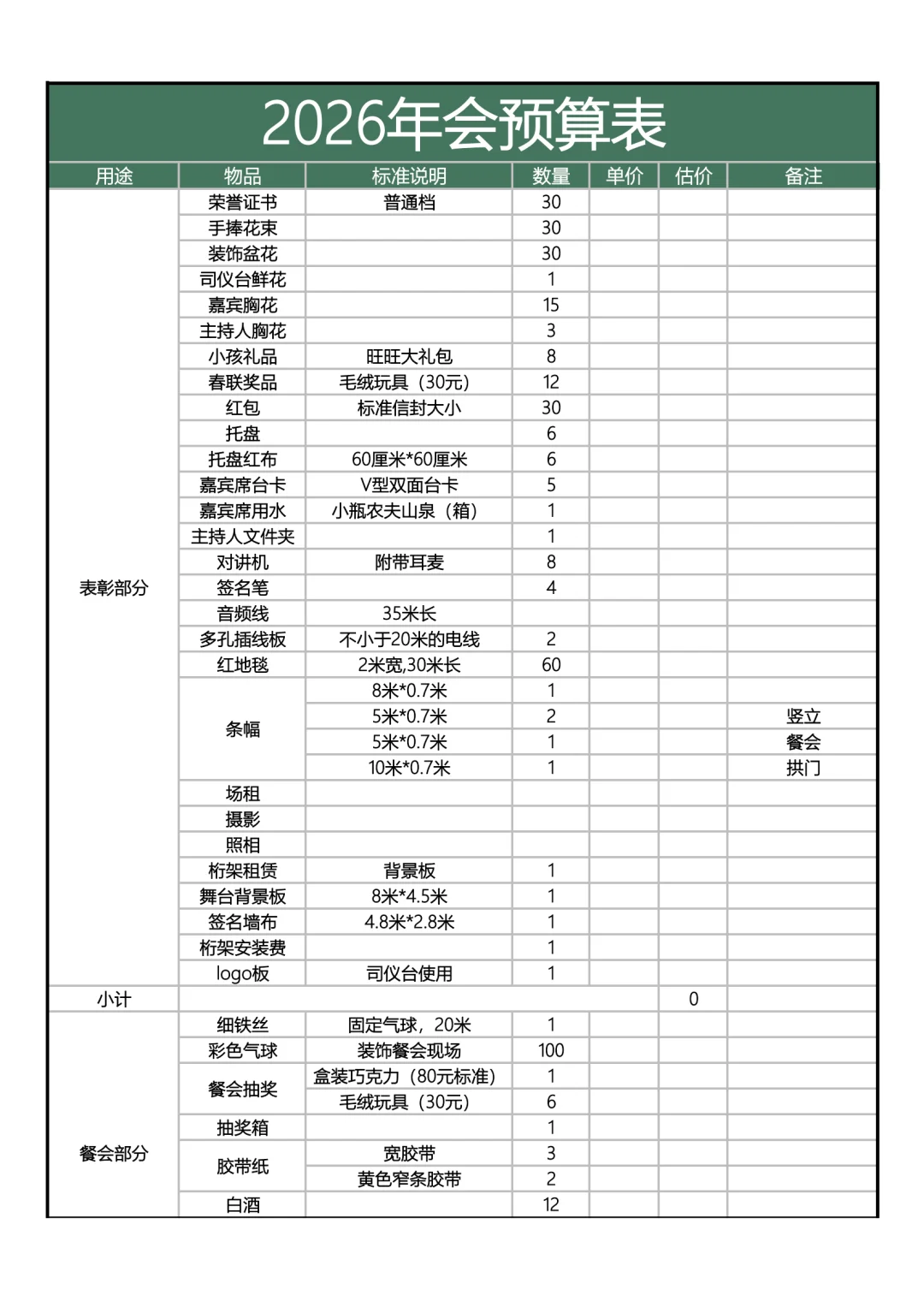 2026年会采购清单及预算表