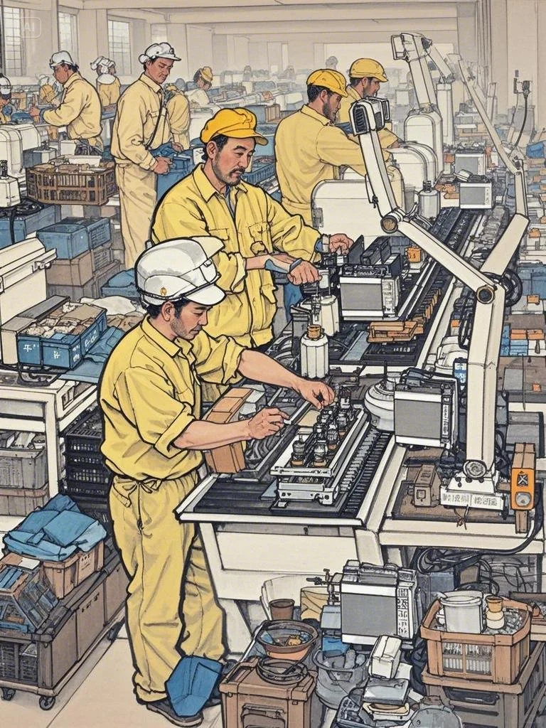 90年代，中国广东东莞流水线上的工人