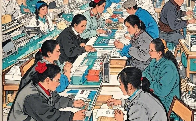 90年代，中国广东东莞流水线上的工人