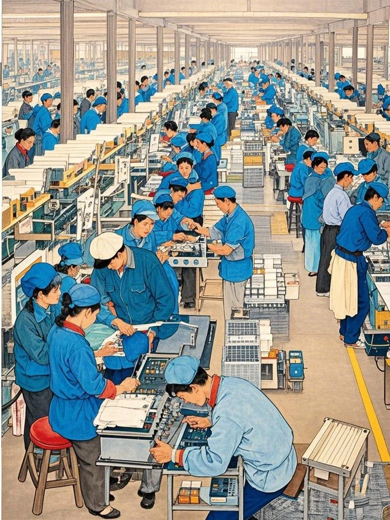 90年代，中国广东东莞流水线上的工人