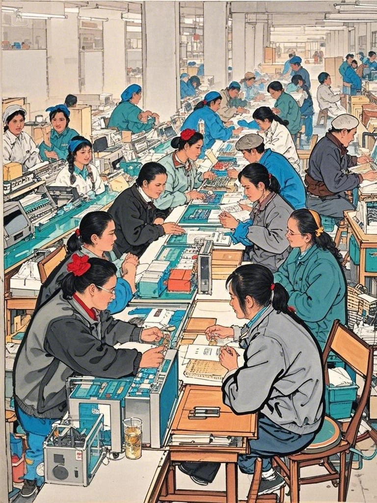 90年代，中国广东东莞流水线上的工人
