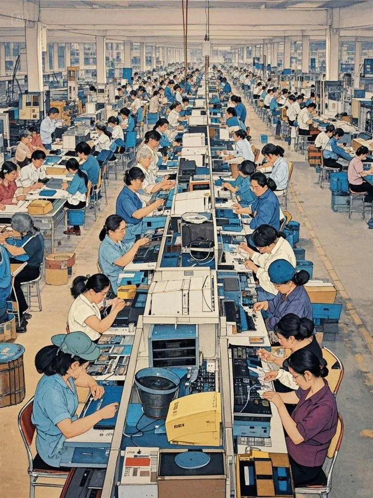 90年代，中国广东东莞流水线上的工人