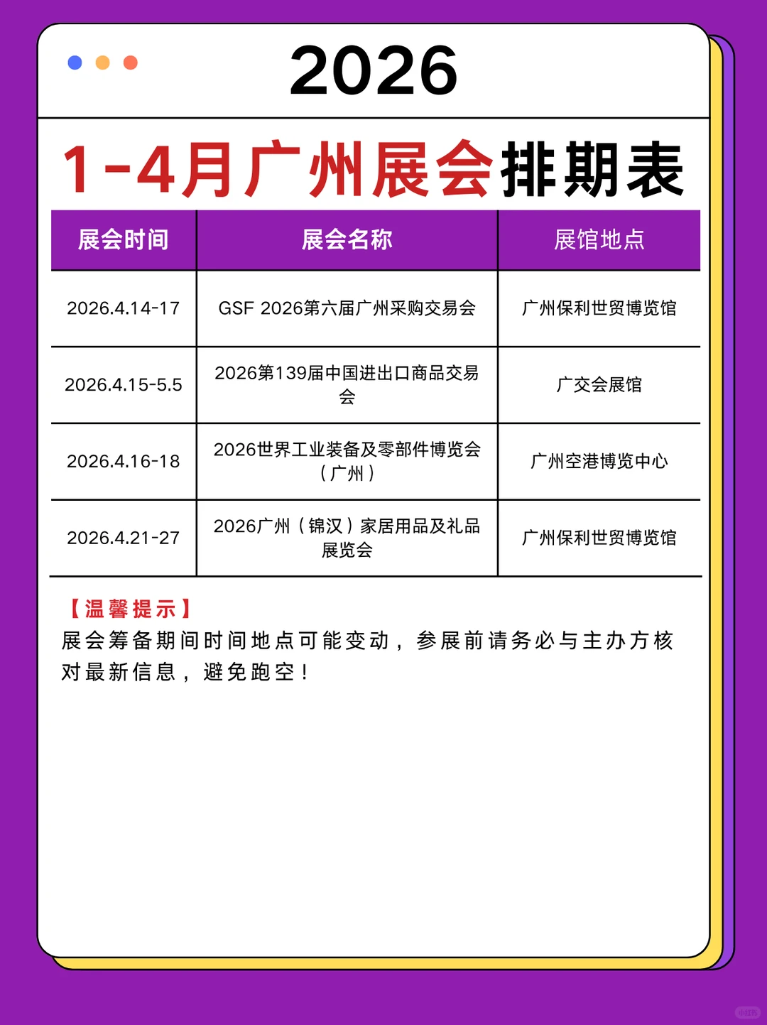 2026年1-4月广州展会排期表+时间地址