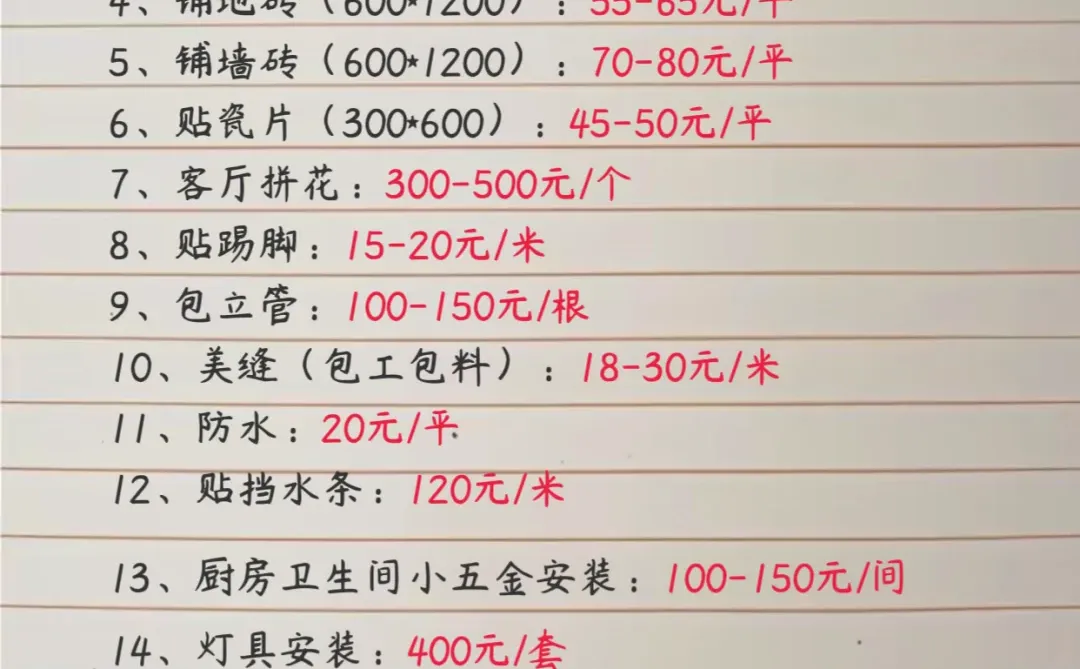 超级详细半包人工价格清单?