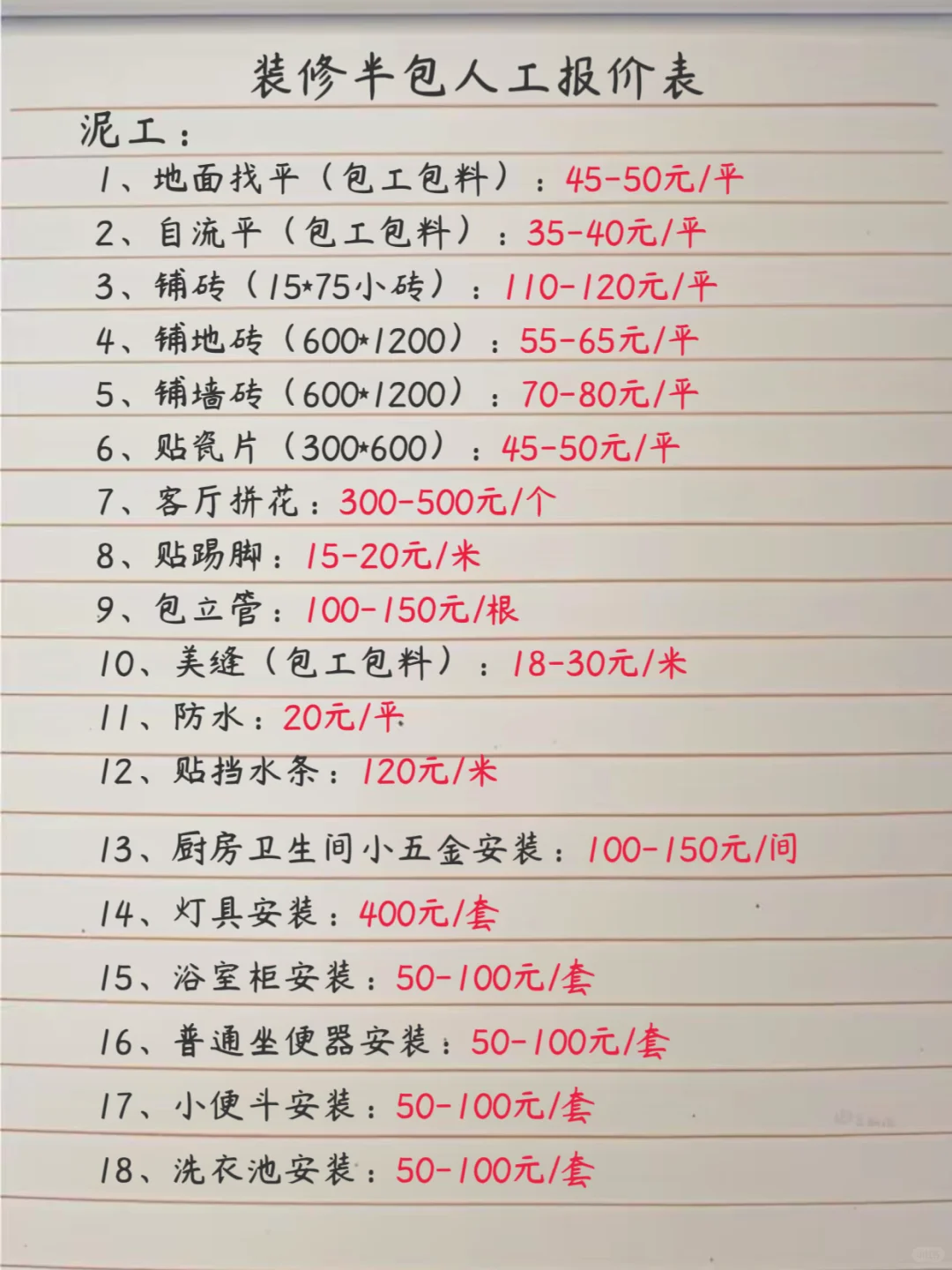 超级详细半包人工价格清单?