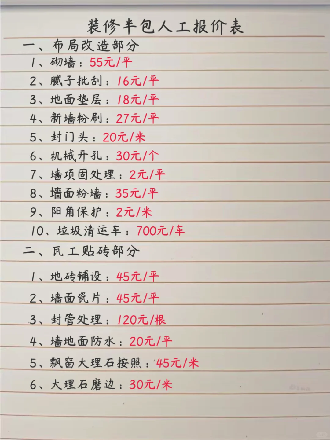 超级详细半包人工价格清单?