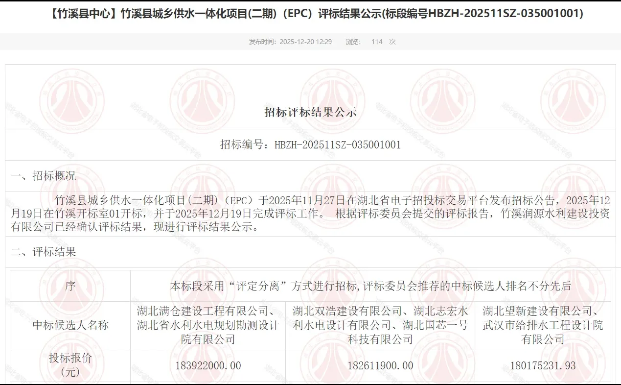 竹溪县城乡供水项目(二期)（EPC）结果公示