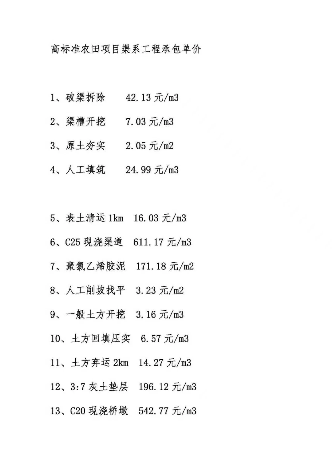 高标准农田项目渠系工程承包单价