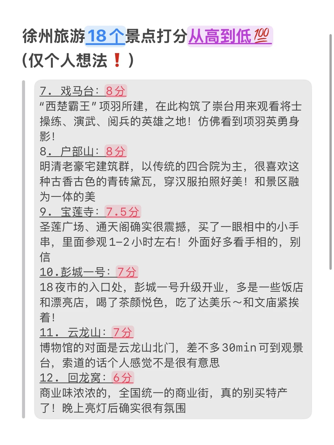 徐州已回，景点挨个打分（仅个人想法