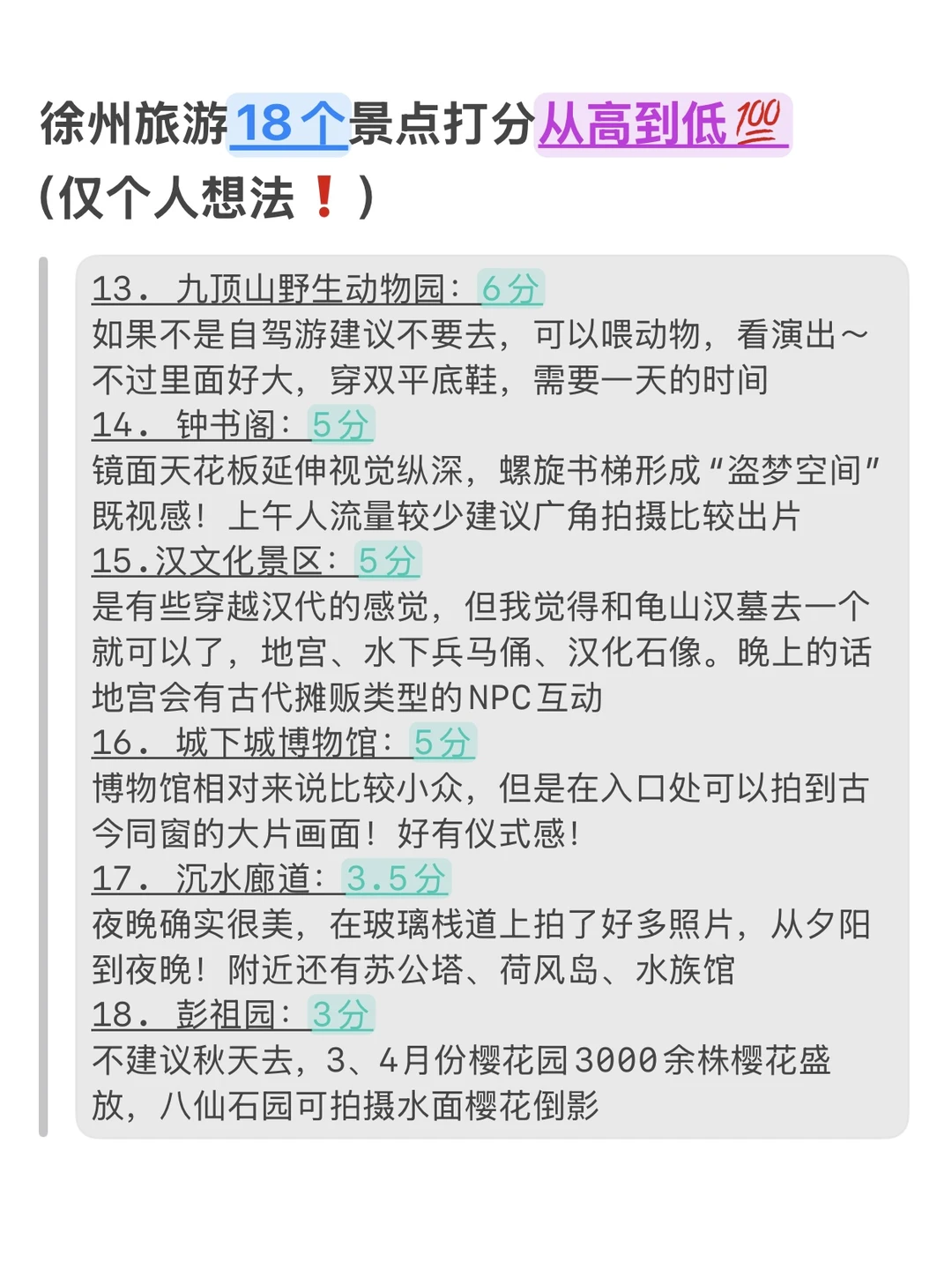 徐州已回，景点挨个打分（仅个人想法