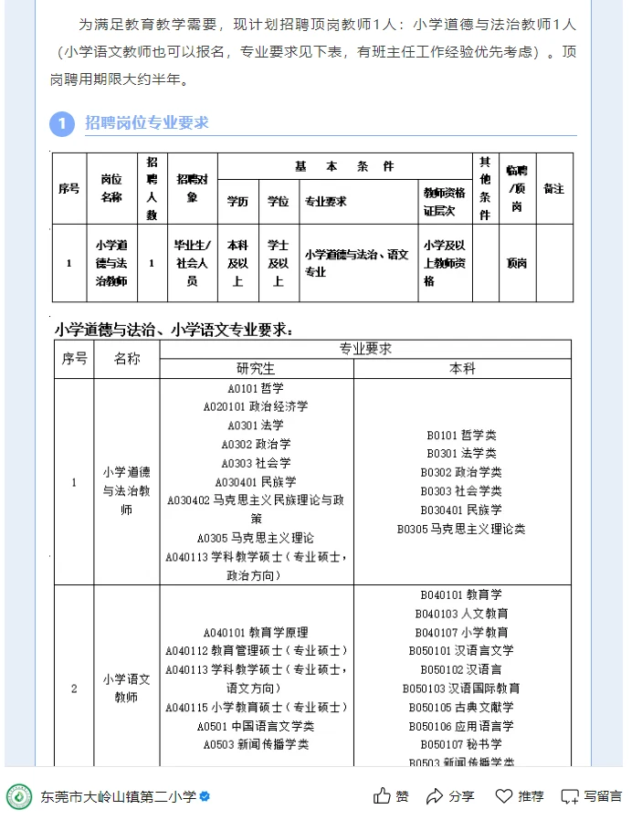 仅面试！东莞第二小学招临聘教师啦